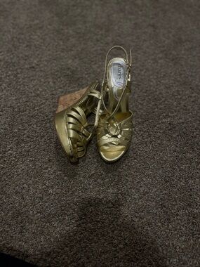 Charlies Metallic Gold Strappy Cork Wedge Sandals